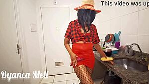 Delicious brunette enjoys herself before the country party.