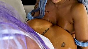 I enjoy interracial lesbian sex with my Colombian stepsister. Licking her oily pussy brings orgasms