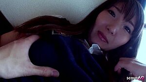 young curvy japanese teen gets rough creampie from older man in pov