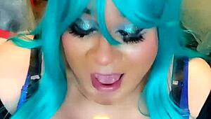 Naughty transsexual bunny with big tits and ass rides cock in cowgirl position.