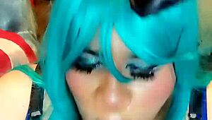 Naughty transsexual bunny with big tits and ass rides cock in cowgirl position.