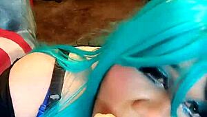 Naughty transsexual bunny with big tits and ass rides cock in cowgirl position.