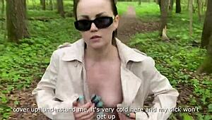 Naughty chick fucks outside in the forest on the meadow and in public places.