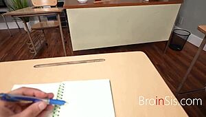 Teacher and student step sibling duos threesome in classroom