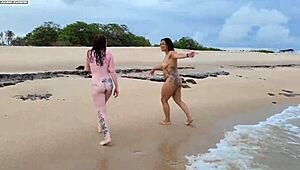 Brunette milf and amateur engage in interracial fucking with handjob, anal, and cum for sucking.