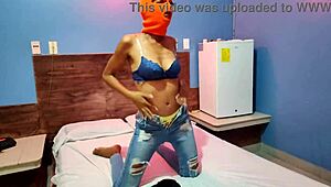 Brunette Stepsister Teases with Masked Hip Shakes in Hotel