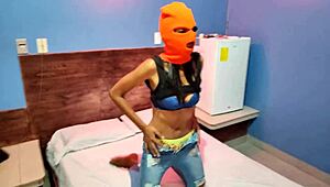 Brunette Stepsister Teases with Masked Hip Shakes in Hotel