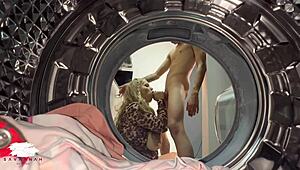 Chubby blonde enjoys young guy in laundry