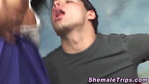 Sexy Tranny Shoots Jizz In Group Cumshot