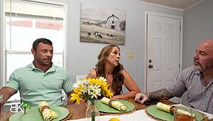 Stepmom subtly seduces big cock stepson as stepdad talks on phone