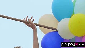 Skinny Italian MILF plays with balloons on the beach 😊