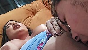 Brother-In-Law Boldly Sucks Big Tits While Cuckold Watches Unaware