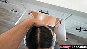 Teen stepdaughter sucks stepdad secretly behind stepmom