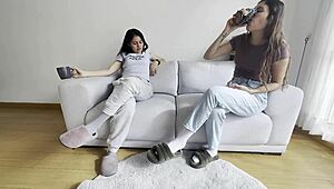 Eating Friend's Pussy At Home In Sensual Lesbian Encounter