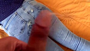 After fucking, she pulls up jeans for big cumshots in ass.