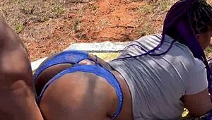 Fat couple with big asses and wet pussies scream during forest playtime compilation.