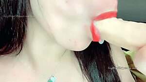 Hot latina brunette giving jerk off instructions while fisting her ass and sucking dildo until it cums in her mouth