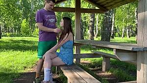 fucked a beautiful girl hard in the woods, came on her tits