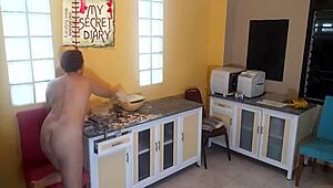 Naked Nudist Housewife Cooks Barefoot In Kitchen