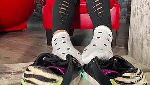 Goddess Plays with Feet in Socks and Barefoot Under Table