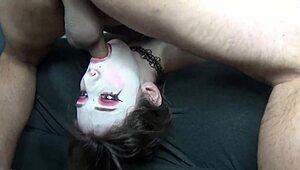 Mad Moxxi gets rough head hanging throat fuck. Balls deep cum in throat as she stares.
