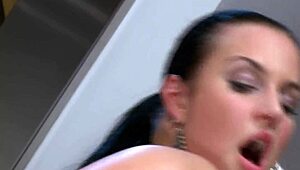 slut with big tits jerks man off on rack, fingering pussy and licking clit