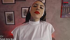 Naughty Brazilian Nun with Big Ass and Tattoos Teases with Tongue