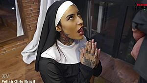 Naughty Brazilian Nun with Big Ass and Tattoos Teases with Tongue