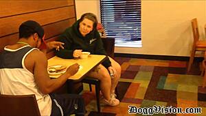 Feeling the thrill of getting busted while fucking publicly in the hotel cafeteria