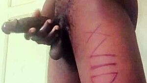 The guy is jerking his big monster cock