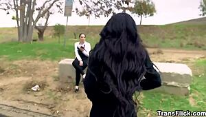 Hitchhiker Sophia Burns gets DOMINATED by two trannies in crazy BDSM fuckfest with gags and toys