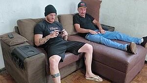 Intense feelings surge as I masturbate with my stepson, our big cocks throbbing together.