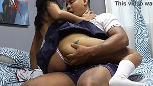 Stepsister Massages Stepbrother's Monster Cock with Sucking and Riding