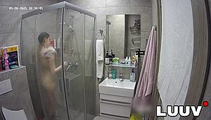 Teen brunette films homemade shower routine for voyeur friend