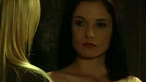 Pale white big boobs lesbian slave moans from intense fingering.