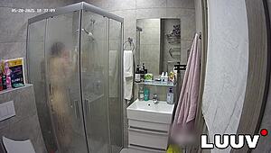 Teen brunette films homemade shower routine for voyeur friend