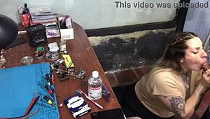 Latina slut deepthroats technician's cock to pay the bill