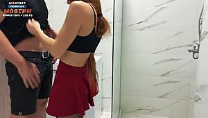 At the party, the redhead wife cheats on her husband with a stranger's blowjob