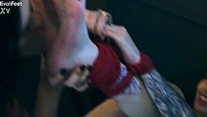 Tied up brunette goddess gets feet worshipped and tickled by submissive redhead 😍