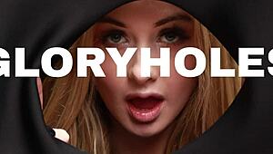 redhead nurse sucks cock at a gloryhole, deepthroat and swallow