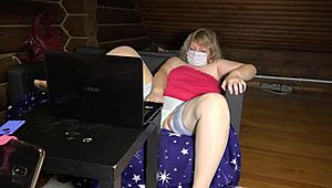 Mature housewife chats sexily, showing chubby legs in stockings and big ass.