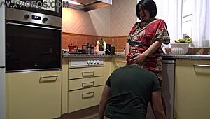 the horny stepmom casually tells her stepson to lick her pussy in the kitchen