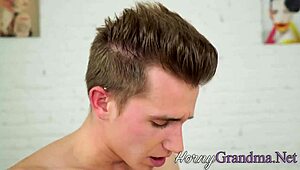 Granny in glasses gets facial after sucking big cock