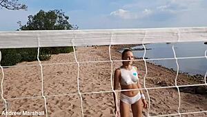 Intense beach orgy with young teens and shaved pussies