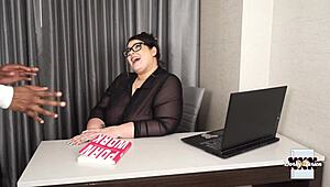 perverted librarian with big tits worships big black cock gets facial