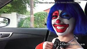 teen in clown costume banging outdoor to cumshot