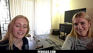 twin stepdaughters competing over their stepdads cock