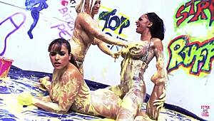 three sets of huge fake tits are getting down and having some lesbian fun