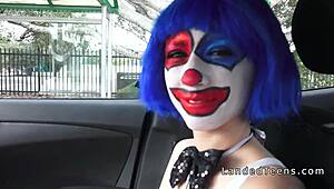 teen in clown costume banging outdoor to cumshot