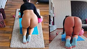 Naughty milf performs naked yoga workout spreading big ass in dual cam